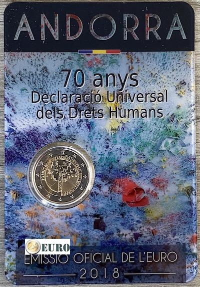 2 euro Andorra 2018 - 70 years human rights BU FDC Coincard