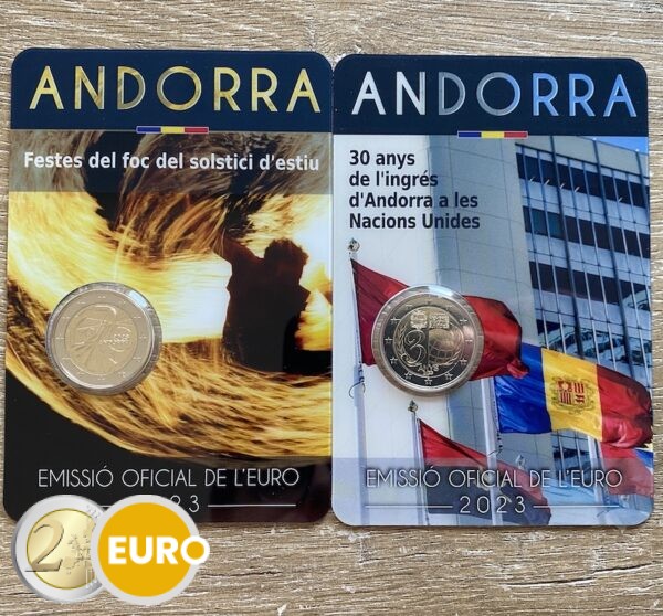 2 x 2 euros Andorre 2023 - Fêtes du solstice d'été + Adhésion ONU BU FDC Coincard